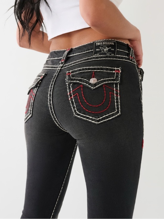 True Religion Denim - True Religion Black Jennie Curvy Mid Rise Super Skinny Womens Size 36 Red Stitch